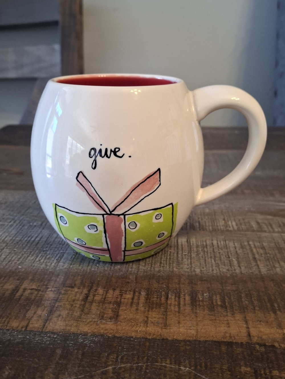 Rae Dunn White Mug with Red Interior and Green & Pink Gift Accent